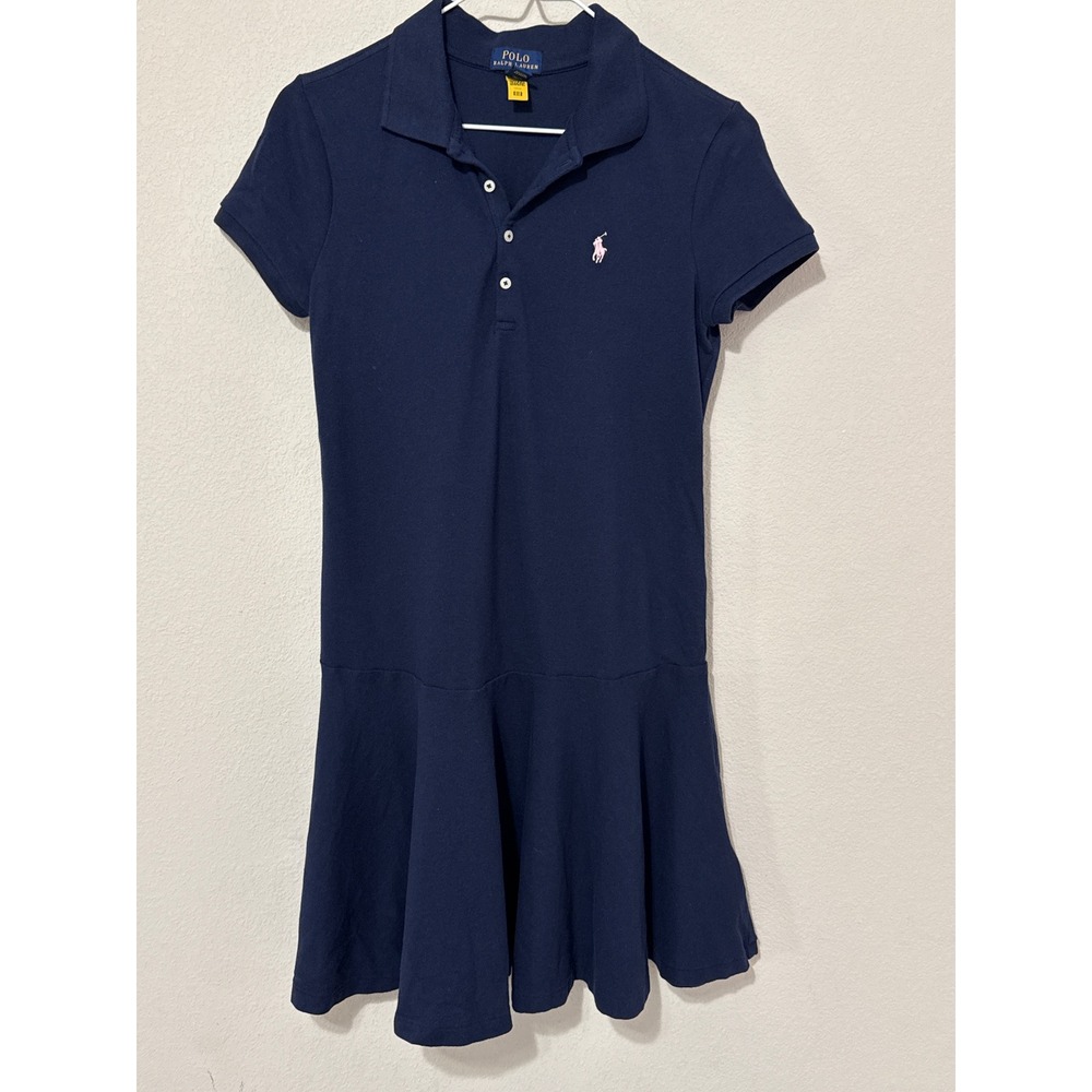 Polo Ralph Lauren Polo Dress Girls XL 16 Navy Blue Pink Pony Drop Waist Ruffle